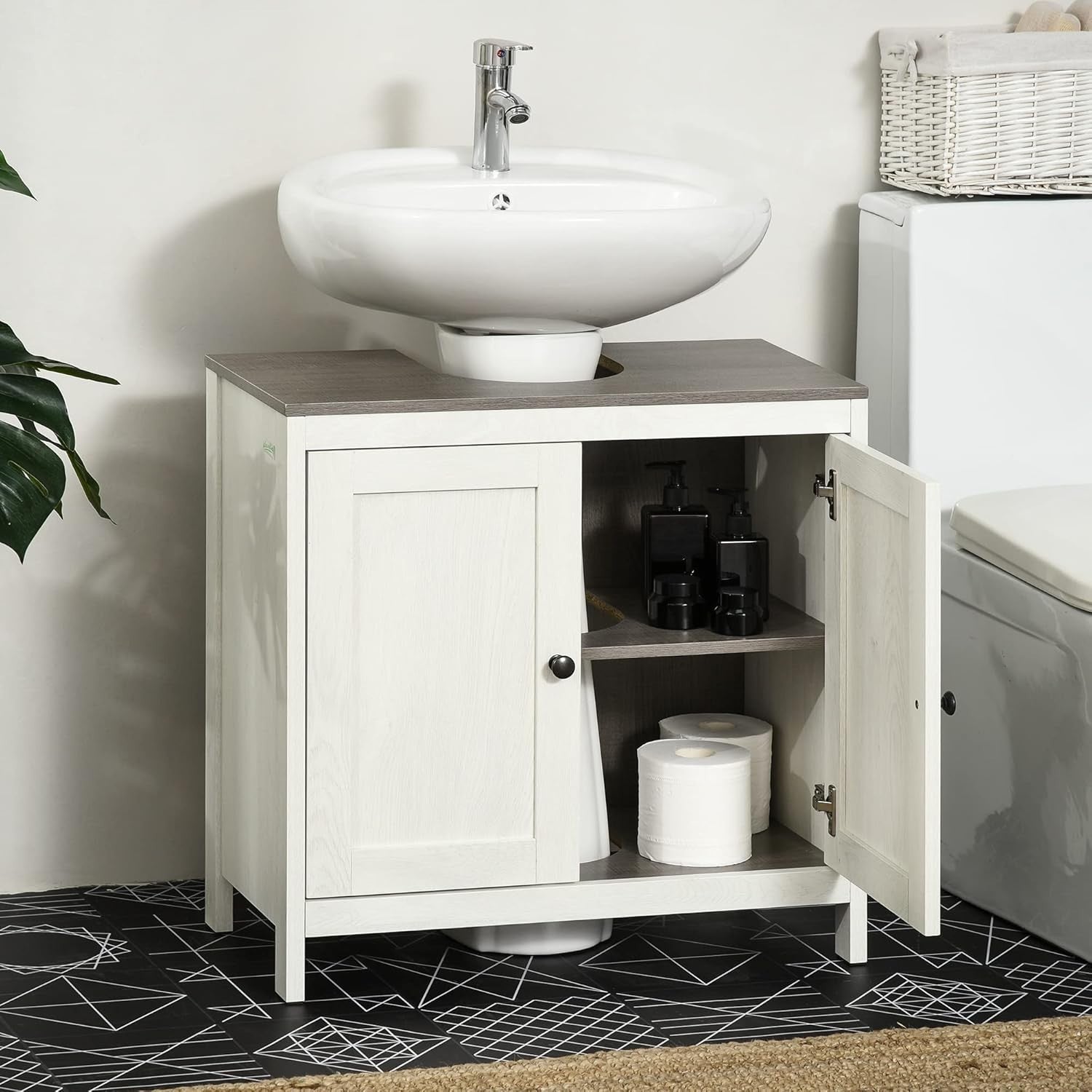 Under Sink Bathroom Cabinet Grey 60cm, Double Doors, Freestanding Storage Unit