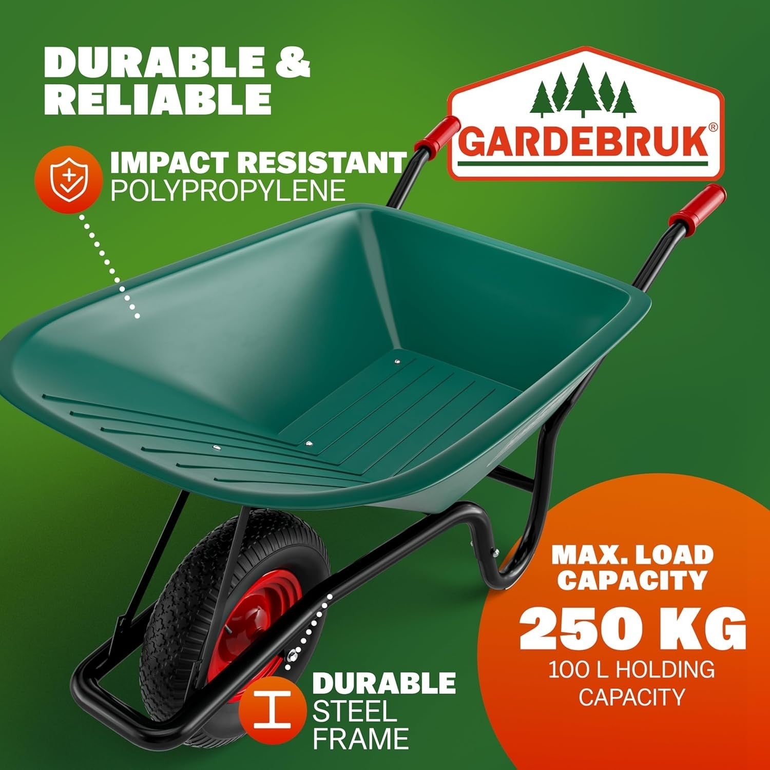 100L Garden Wheelbarrow – Polypropylene Tub w/ Steel Frame Tyre 250kg Load