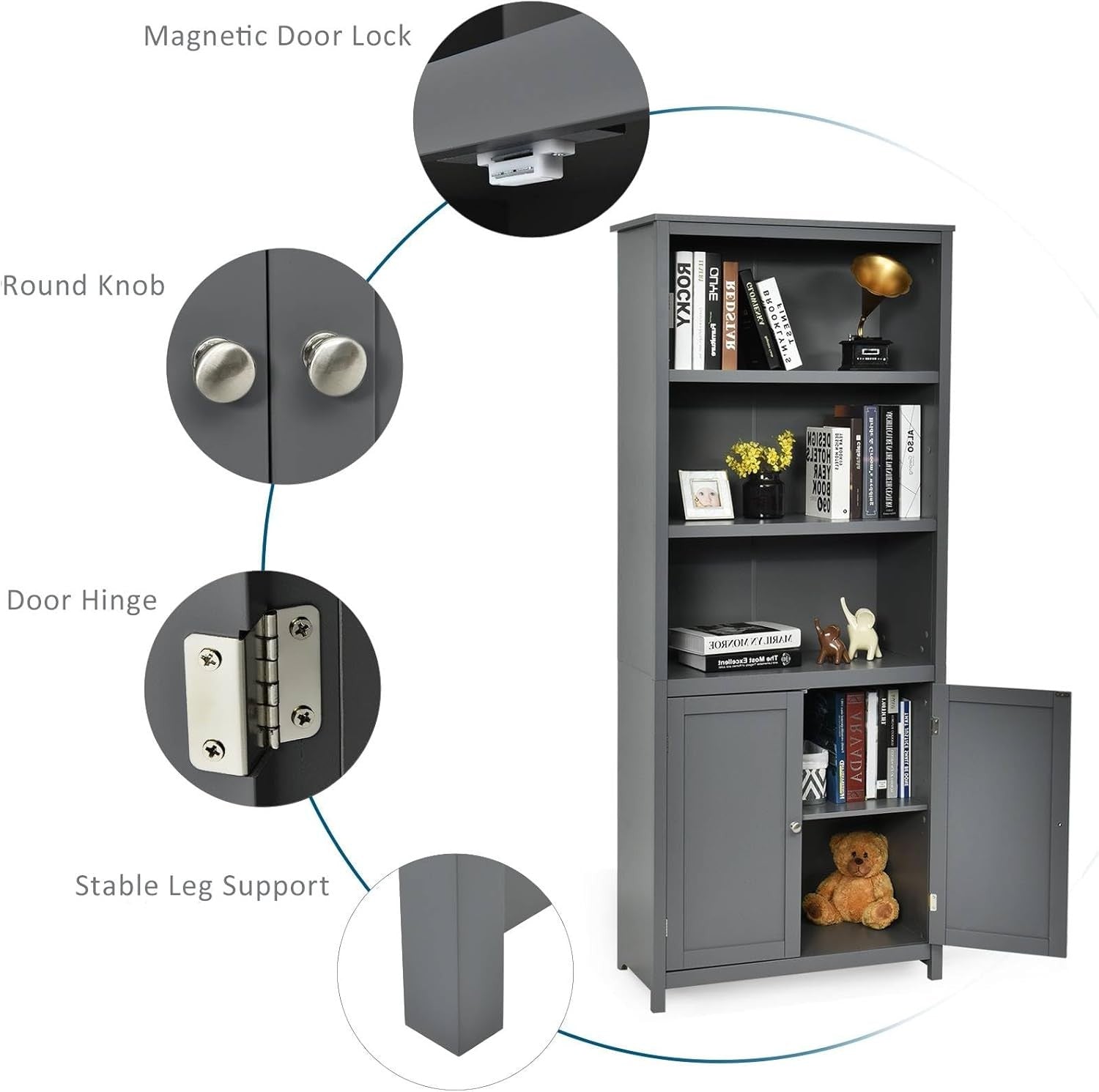 Grey 5-Tier Bookcase with Doors, Adjustable Shelves, Tall Freestanding Storage