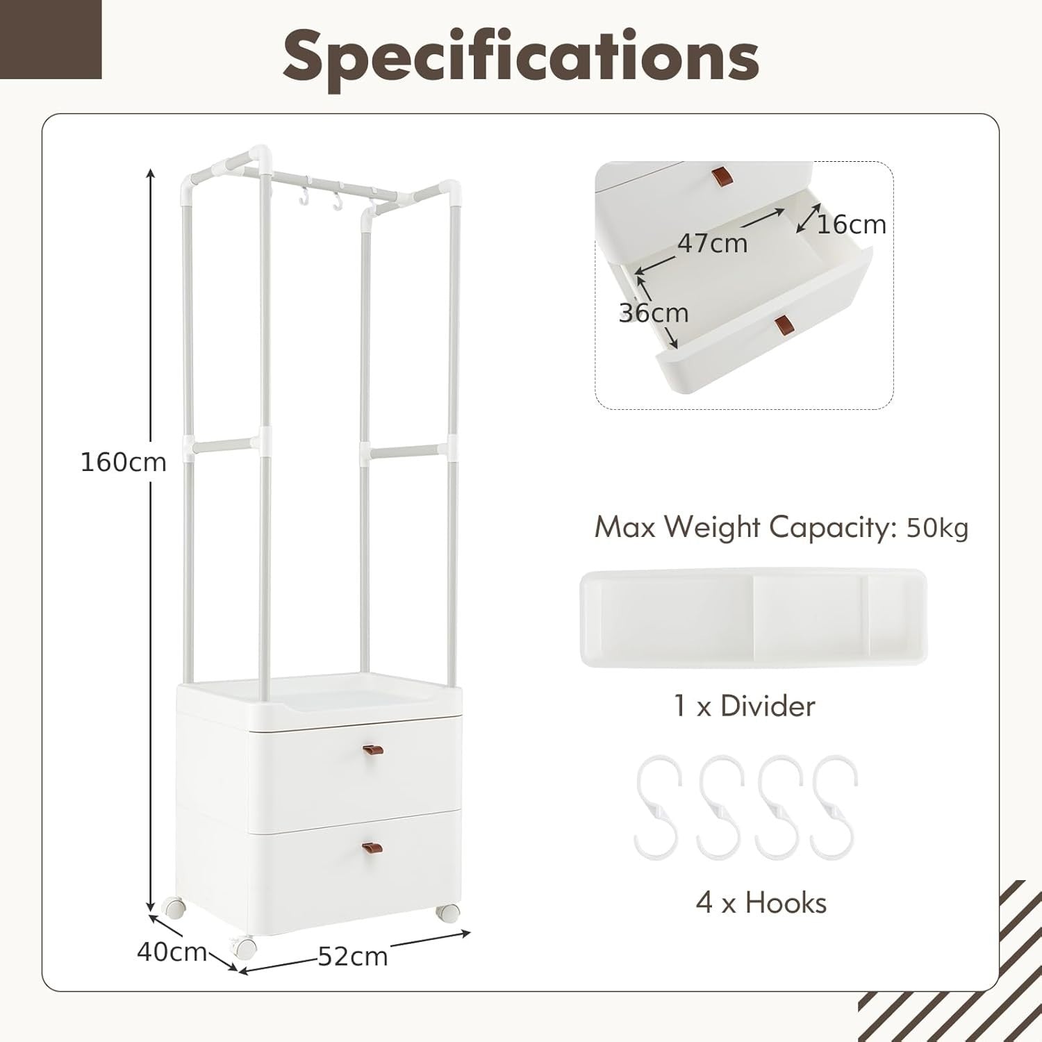 White Clothes Rail with Wheels Drawers & Hooks 160cm