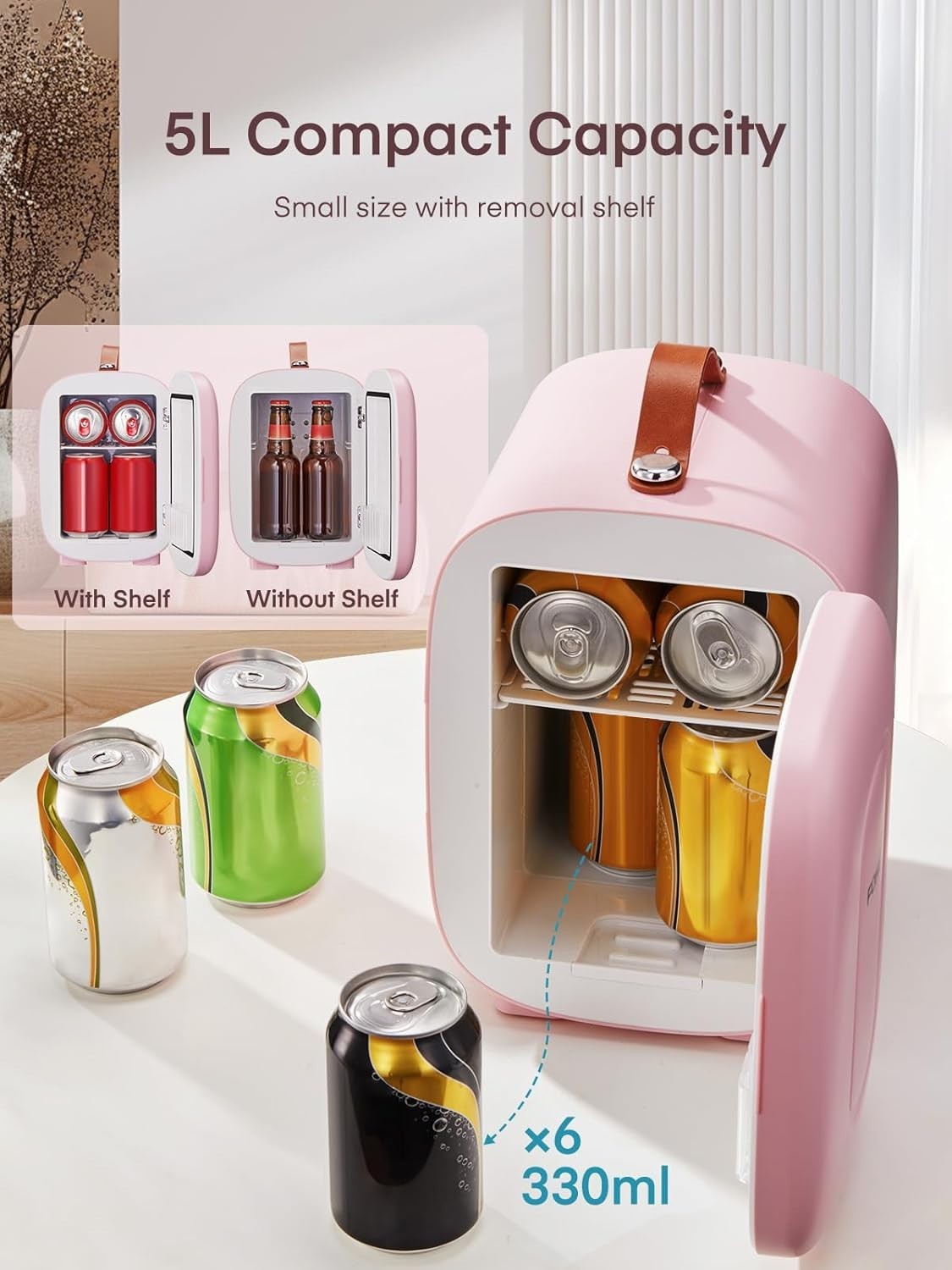 Portable 5L Mini Fridge Small Cooler for Office Bedroom Car Travel Pink