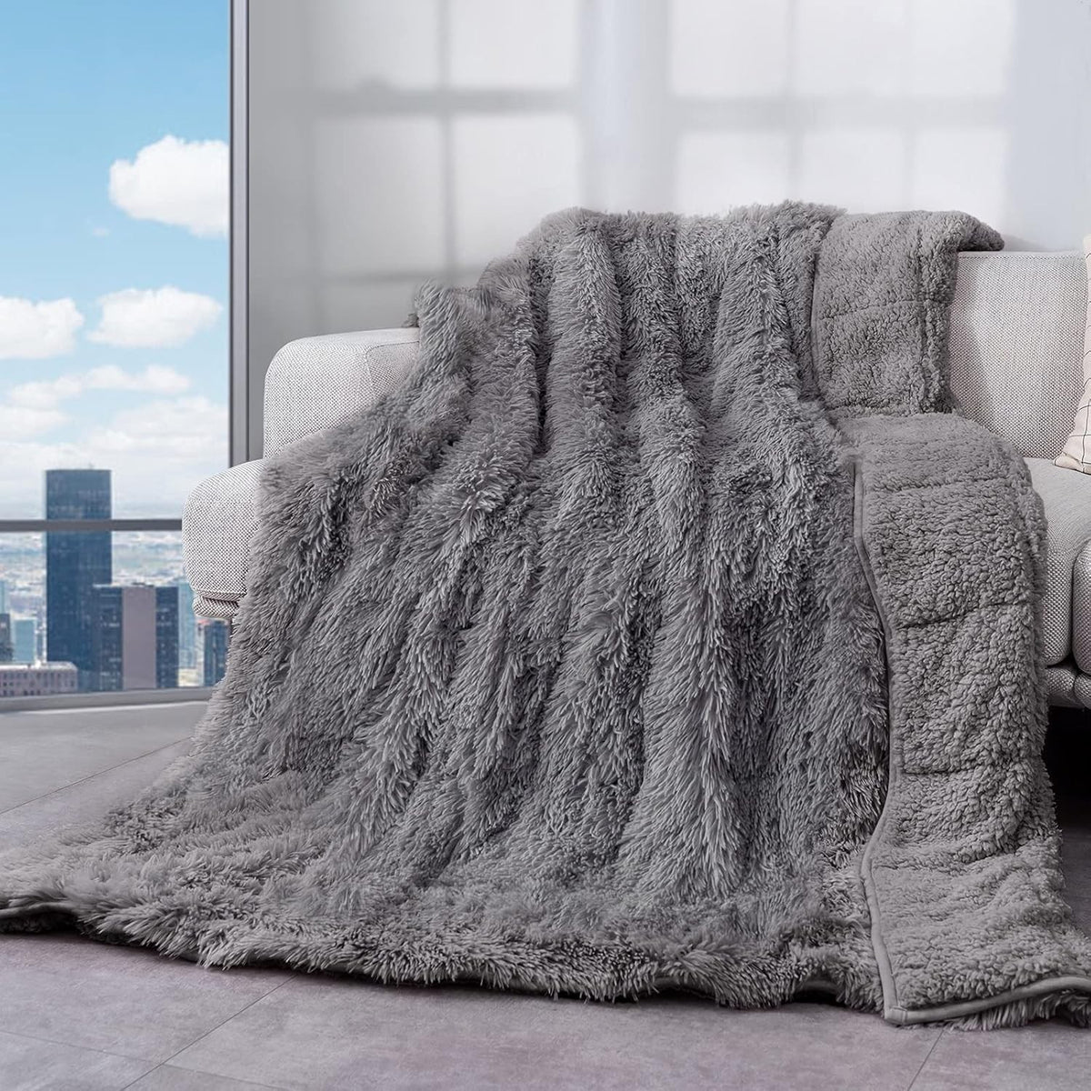 15lbs Weighted Blanket Grey 48x72" Faux Fur & Sherpa Cozy Warm Throw