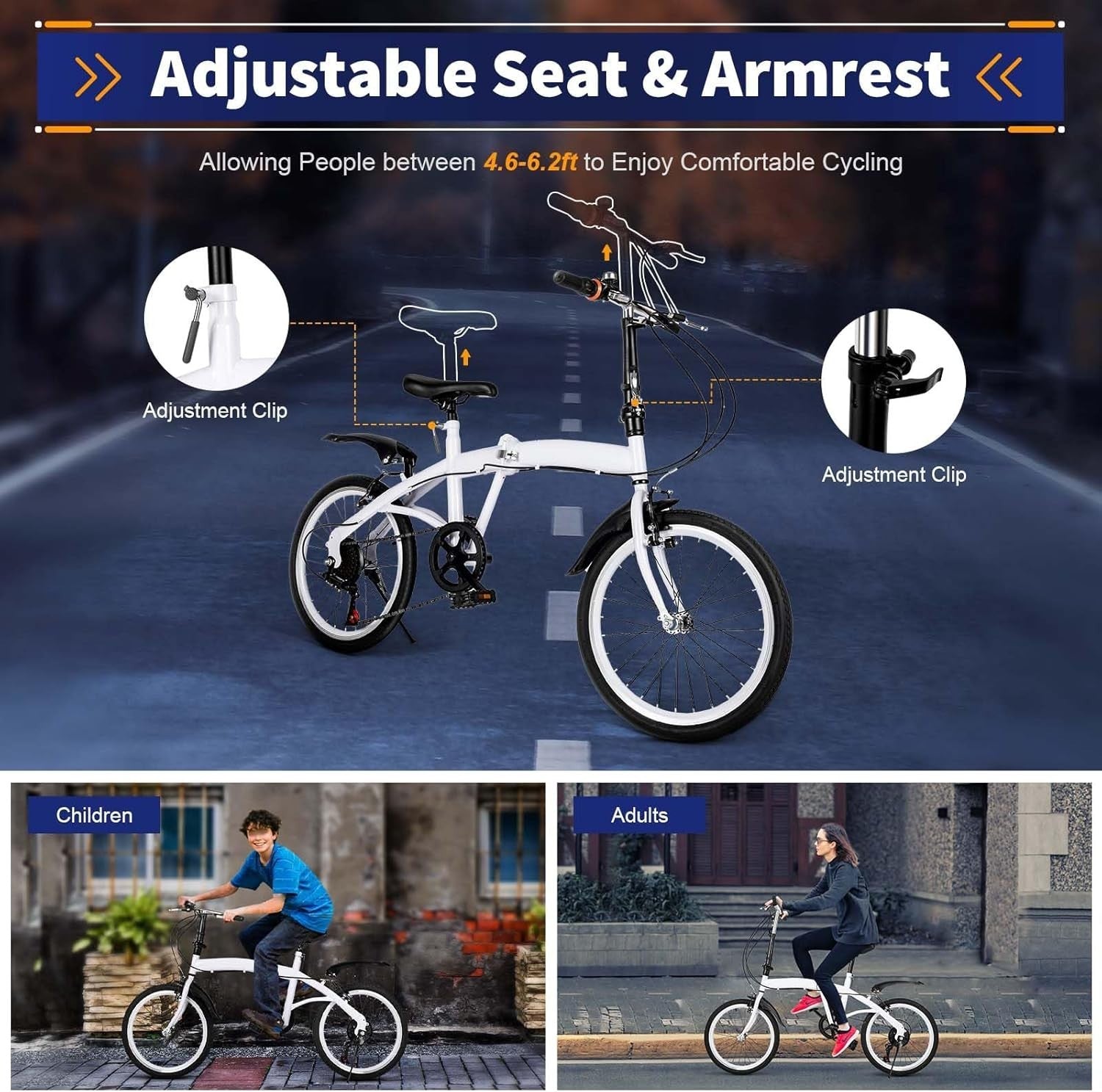 20" Folding Bike Lightweight Alloy 6-Speed Adjustable Height Commuter
