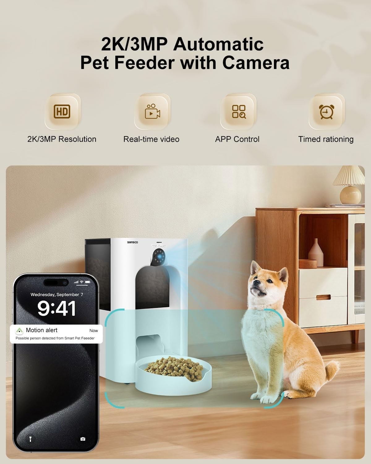 Smart Pet Feeder with 2K Camera WiFi App Control 4L Auto Food Dispenser