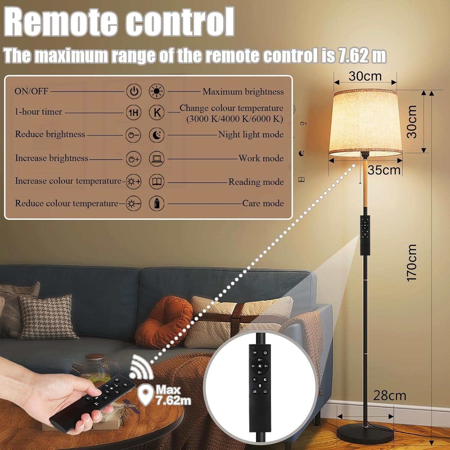 Dimmable Floor Lamp with Remote Linen Shade 3 Color Standing Light 67 Inch