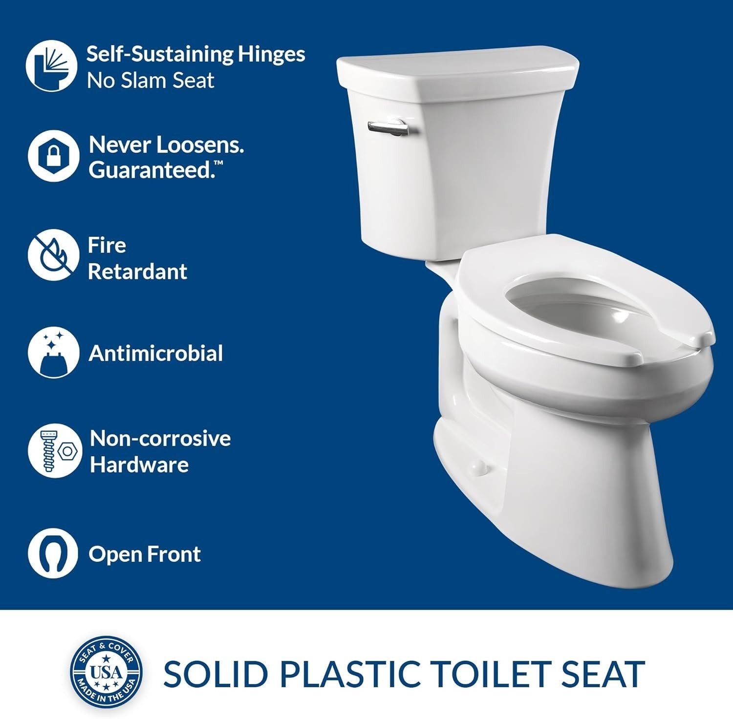 White Elongated Open Front Toilet Seat STA-TITE Self-Sustaining Hinges