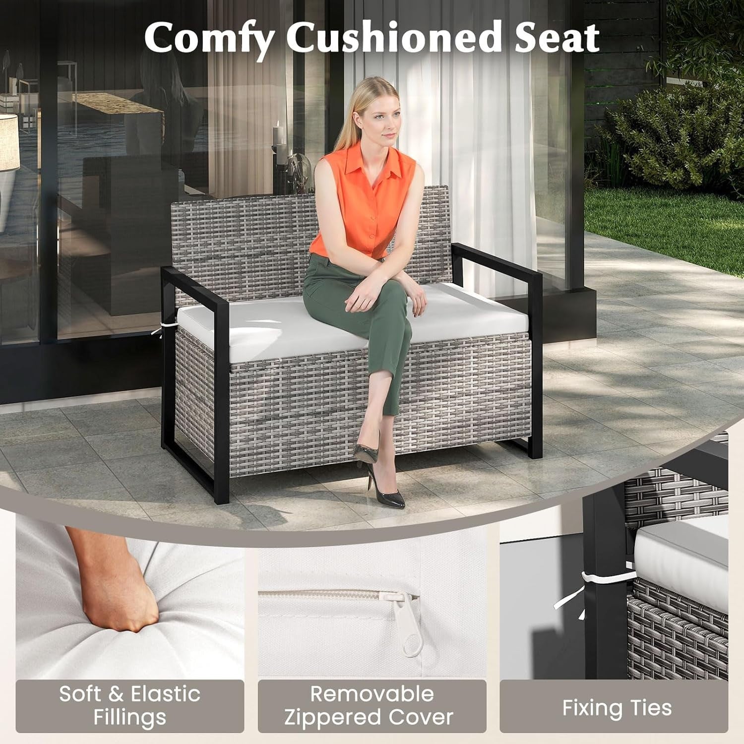 Outdoor 2-Seater PE Rattan Storage Bench with 150L Box & Padded Cushion, Gray