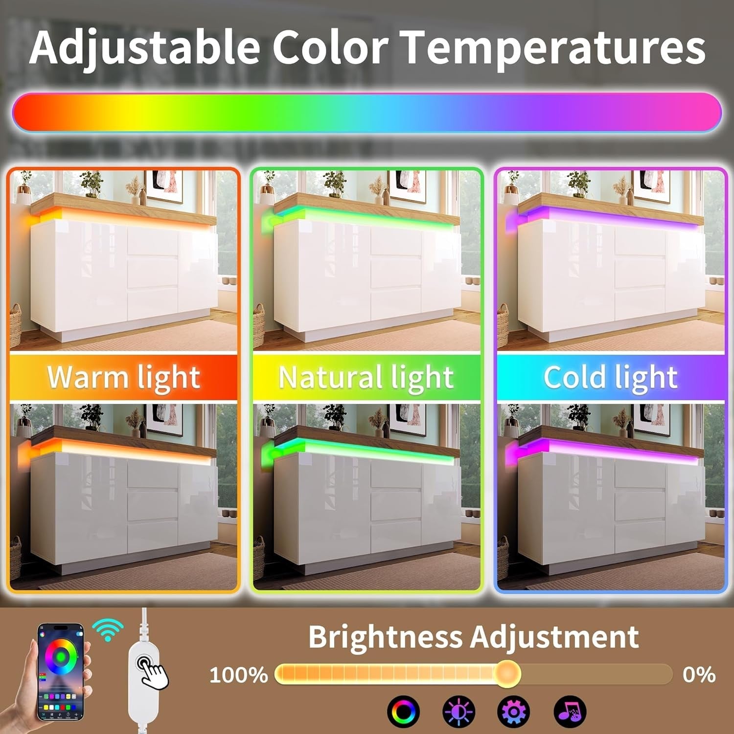 Modern High-Gloss White Sideboard Cabinet with LED Lighting, 2 Doors & 3 Drawers
