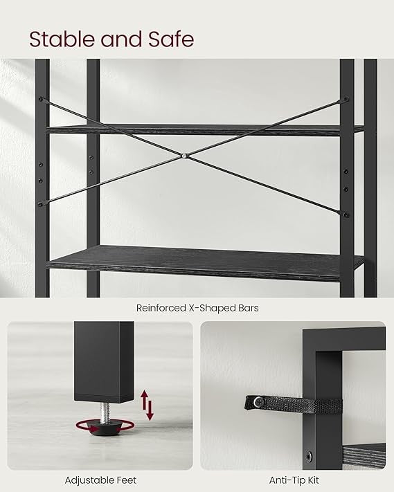 6-Tier Industrial Bookshelf Wide Ebony Black Metal Wood Storage Unit