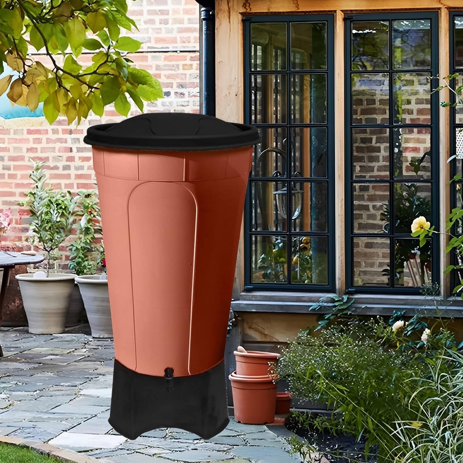 210L Terracotta Garden Water Butt With Tap Stand Rainwater Collector XL