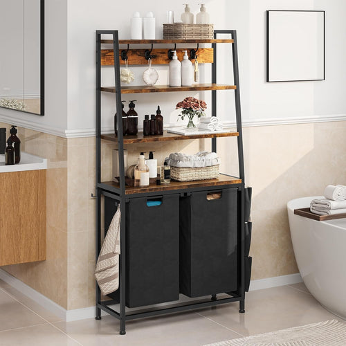 Tall Laundry Sorter with Shelves & Hooks | 2 Pull-Out Bags | 155cm Freestanding