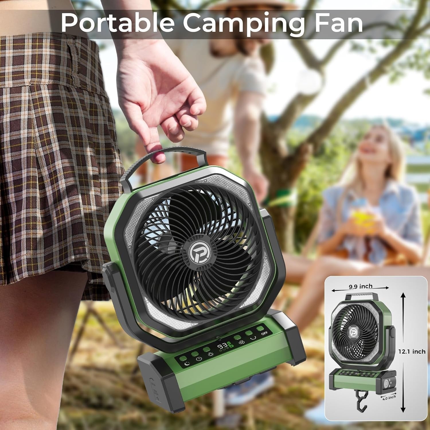 Green Camping Fan – 20000mAh Rechargeable w/ LED Light, 9 Speeds & Remote Timer