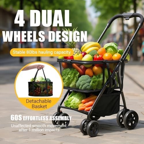 40-Gallon Folding Shopping Cart 360° Wheels Detachable Baskets Portable