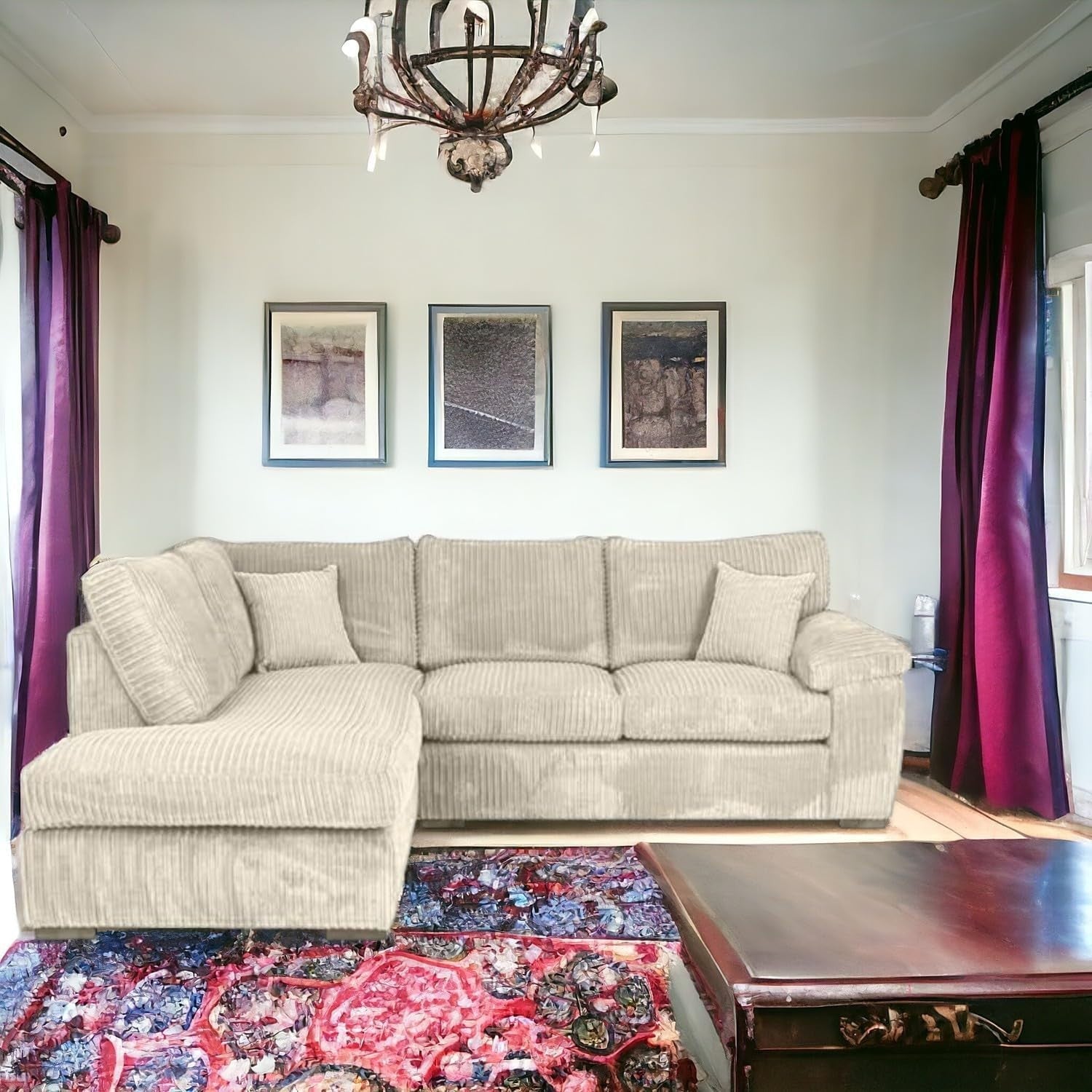 Cream L Shape Corner Sofa 4 Seater Left Hand Soft Cord Cushions Comfy