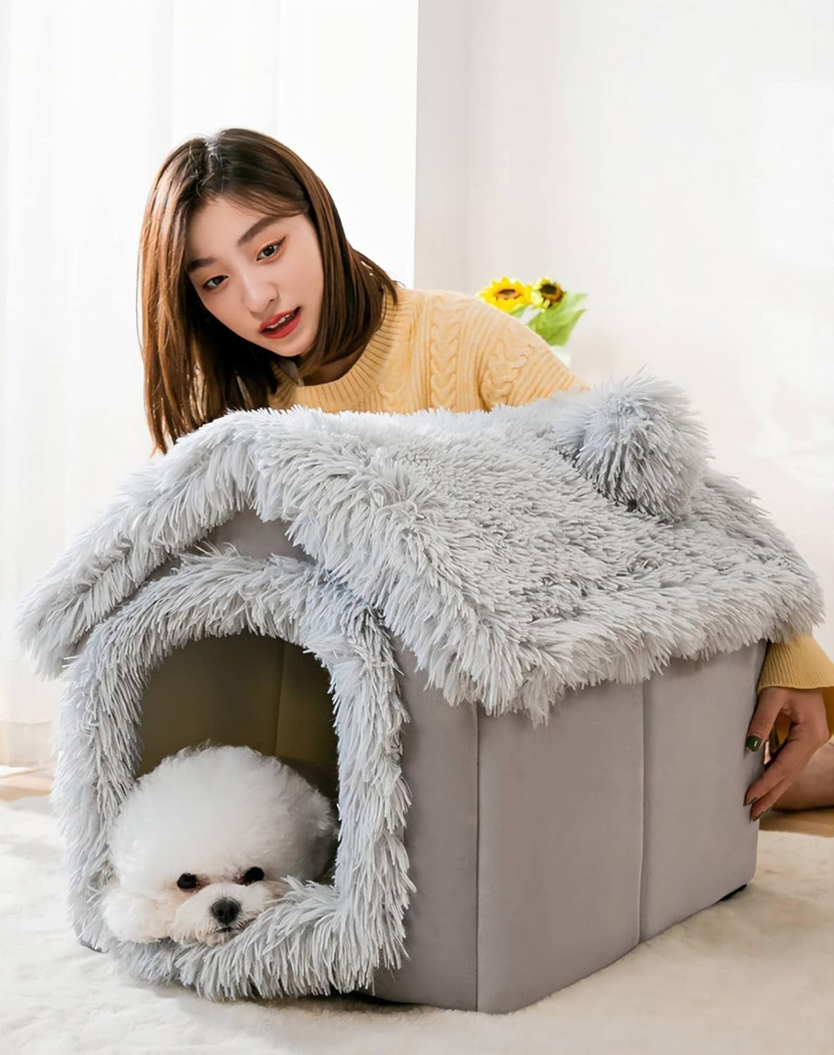 3 in 1 Cat Dog Cave Bed Plush Igloo House w Removable Cushion