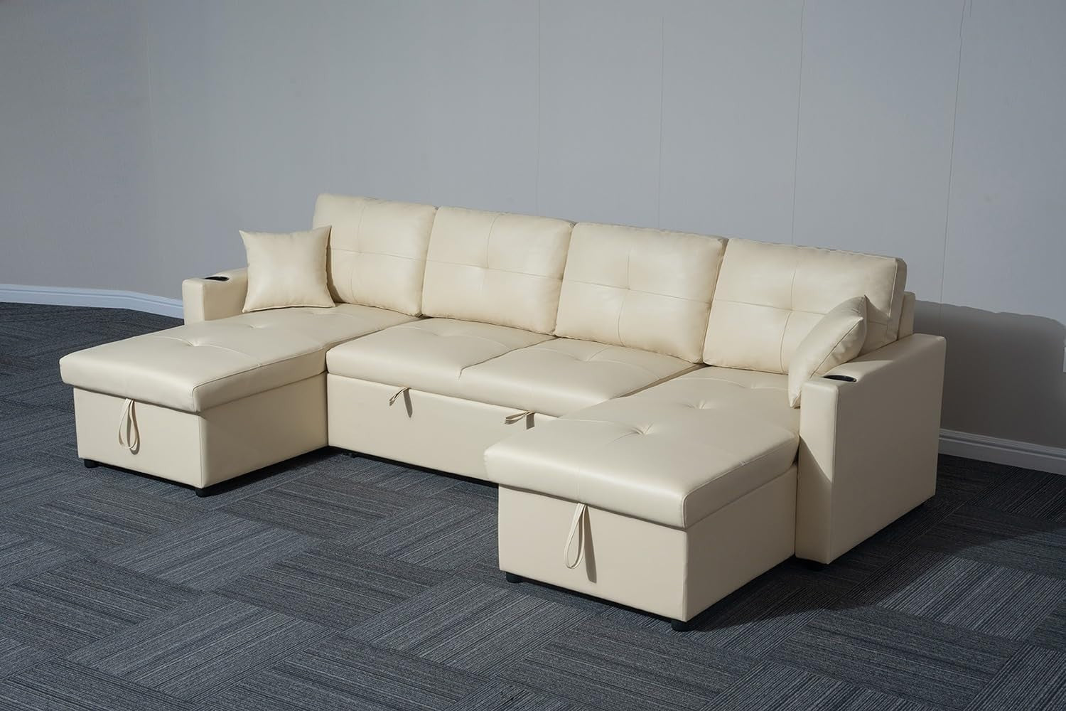 Cream Bonded Leather U-Shaped 4 Seater Sofa Bed with Storage & Pull-Out