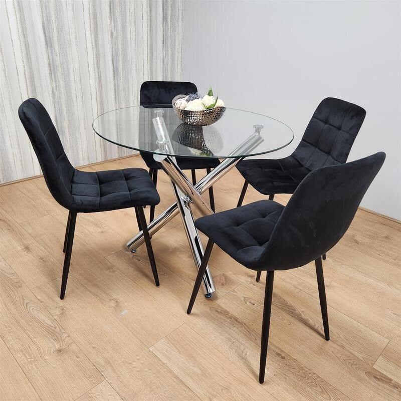 Round Glass Dining Table Set with 4 Black Velvet Chairs Chrome Legs