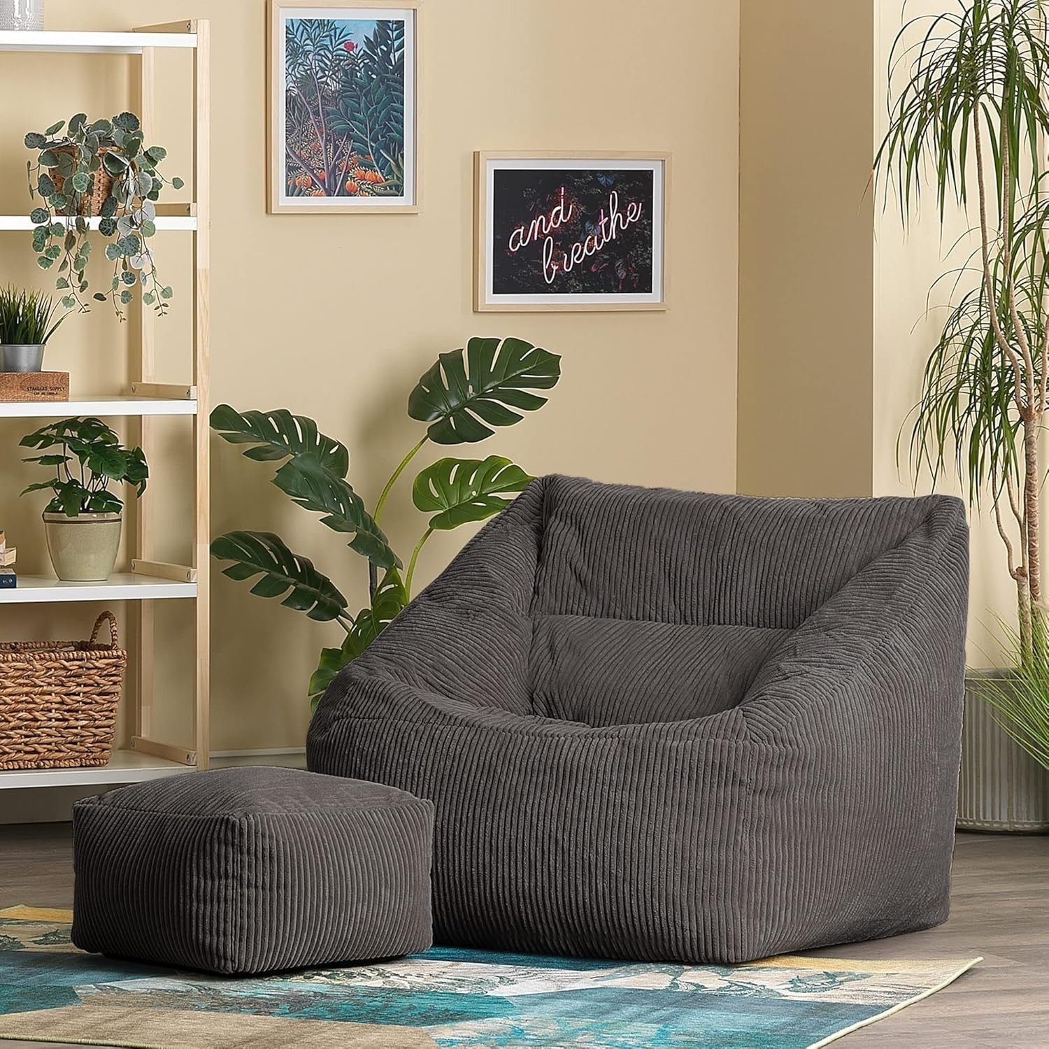 Adult Cord Bean Bag Chair with Footstool Grey Lounge Sofa Seat Filled