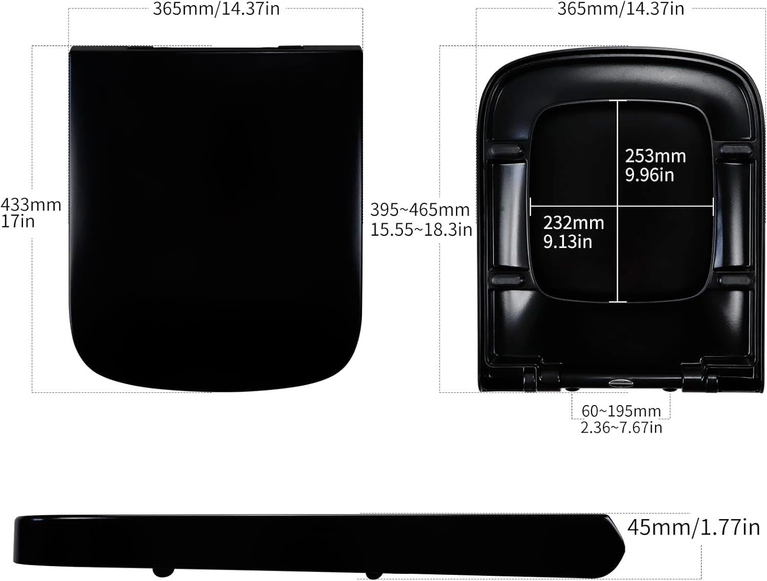 Black Soft Close Toilet Seat Square Shape Quick Release Easy Clean Duroplast