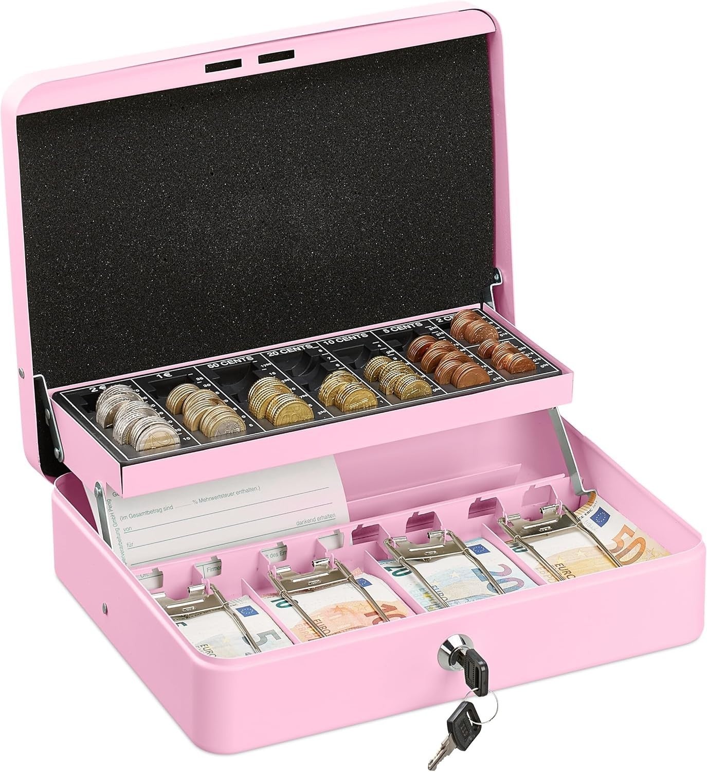 Pink Lockable Cash Box Coin Tray Money Storage Case with Keys