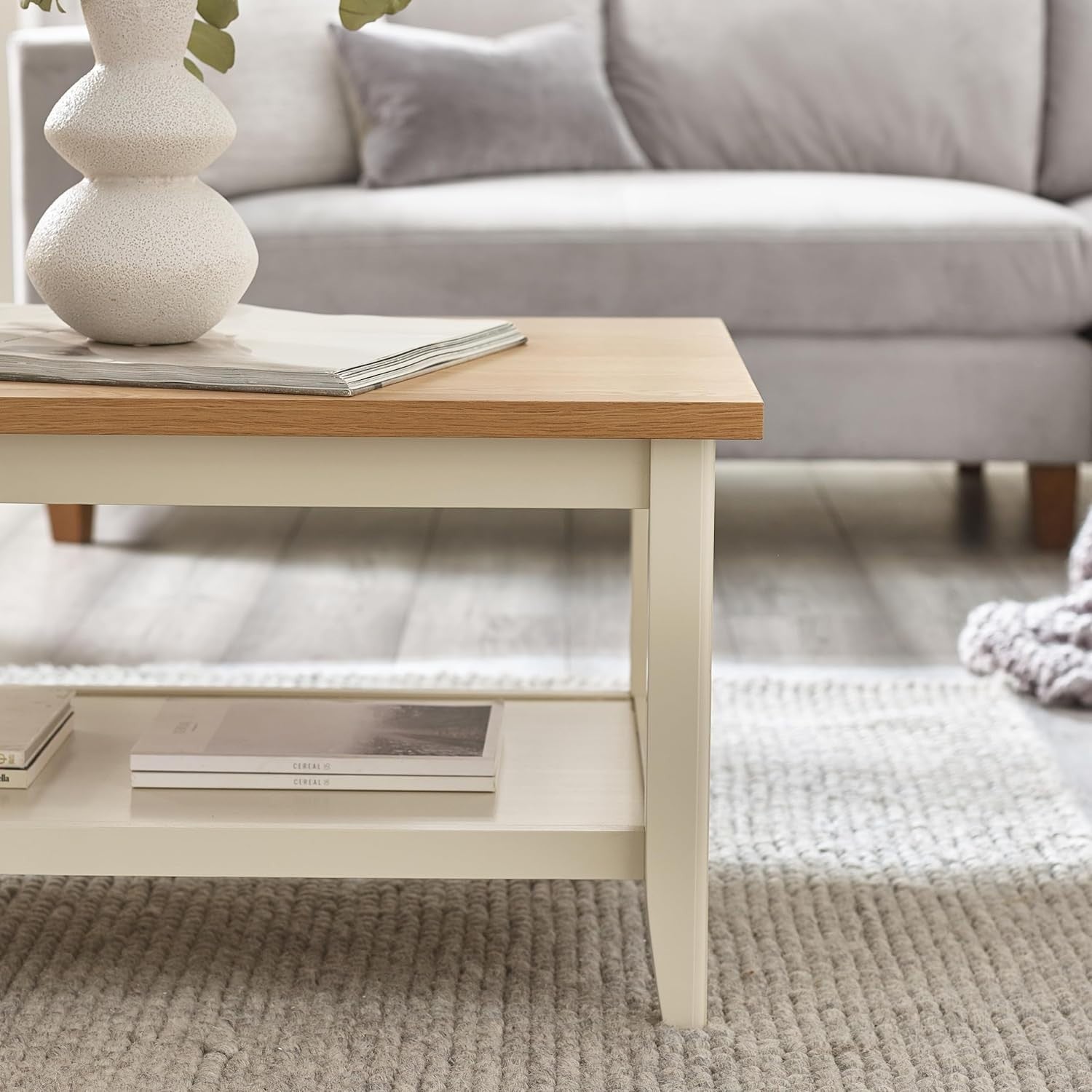 Solid Wood Coffee Table Farmhouse Style – Pale Oak Top Cream Legs – Modern