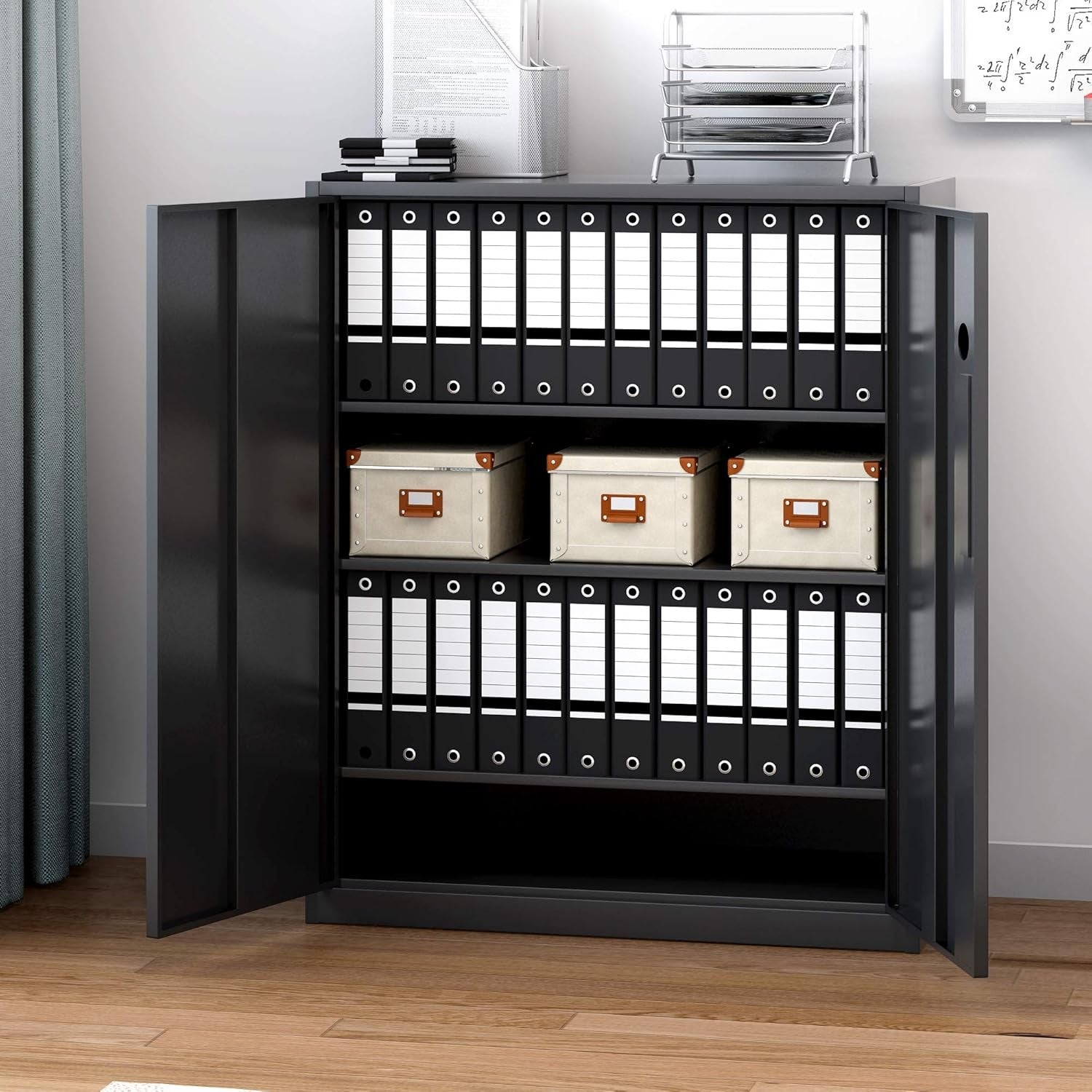 Black Metal Office Storage Cabinet 2 Door Cupboard 4 Shelves 109cm Tall