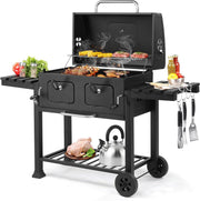 Large Dual-Zone Charcoal BBQ Grill with Adjustable Trays & Temp Gauge for Garden