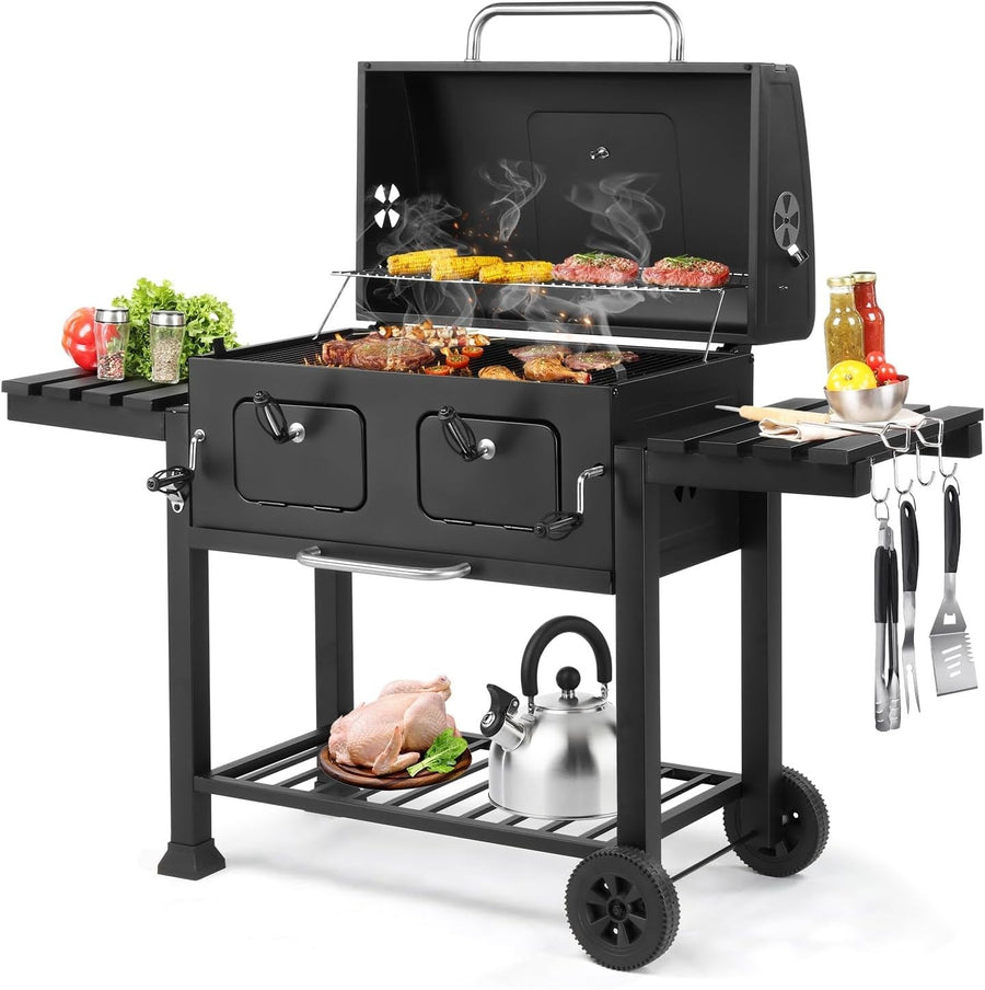Large Dual-Zone Charcoal BBQ Grill with Adjustable Trays & Temp Gauge for Garden
