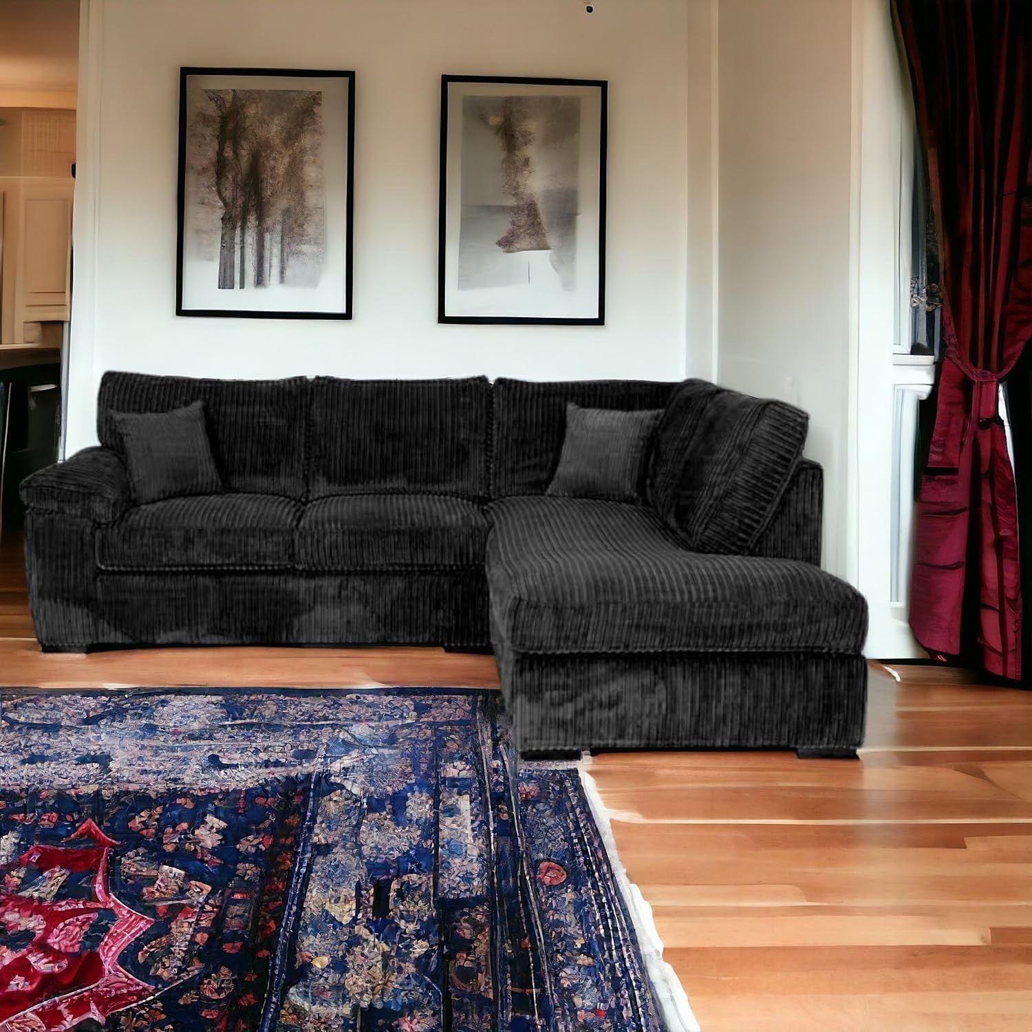 L Shape Corner Sofa Black Jumbo Cord 4 Seater Right Hand Modern Couch