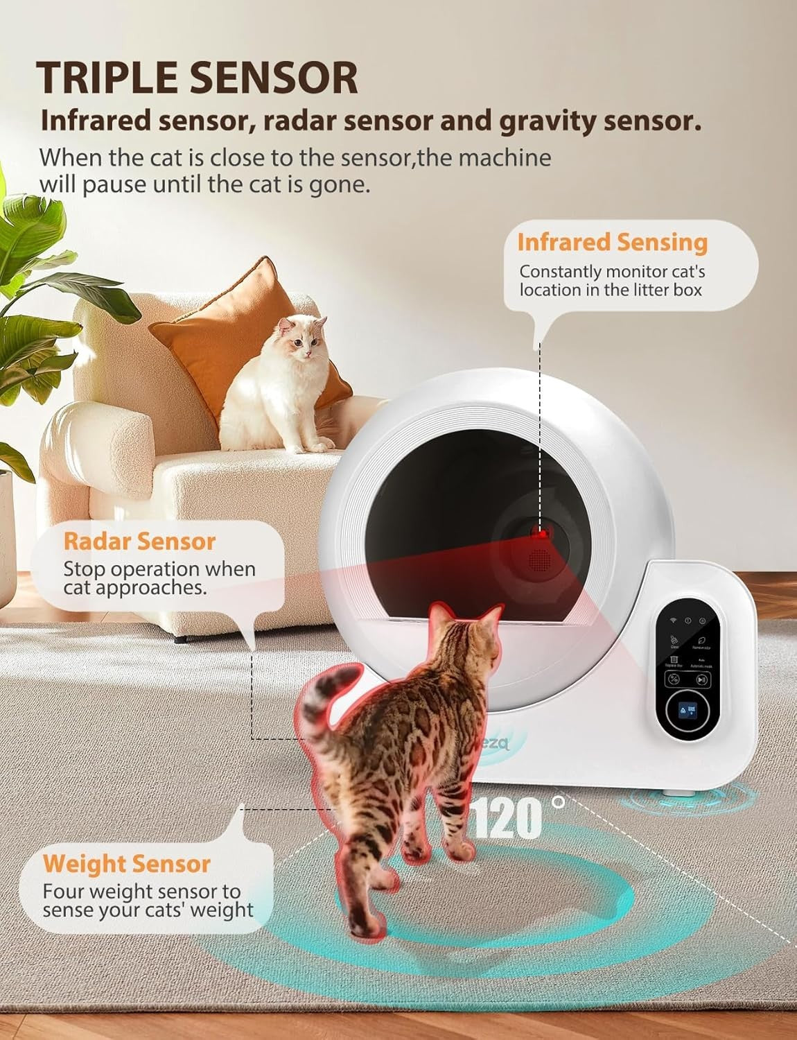 Self Cleaning Cat Litter Box APP Control 70L Multi Cat Odor Control