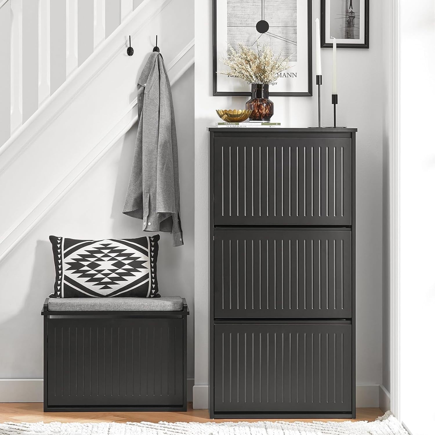 Black Slim 3 Flip-Drawer Shoe Cabinet – Modern Space-Saving Storage Unit