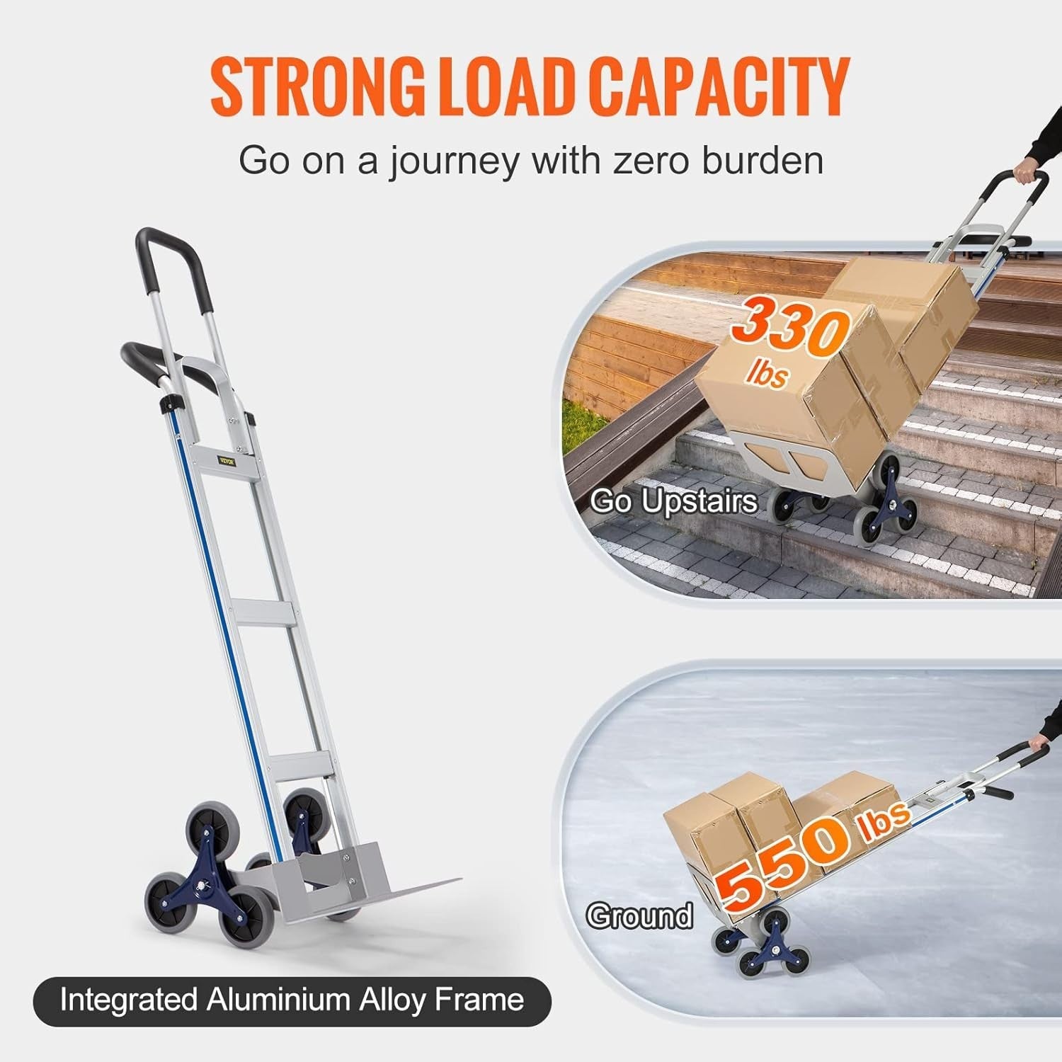 Aluminum Stair Climbing Cart 550lb Capacity w/ Dual Handles & Tri-Wheels