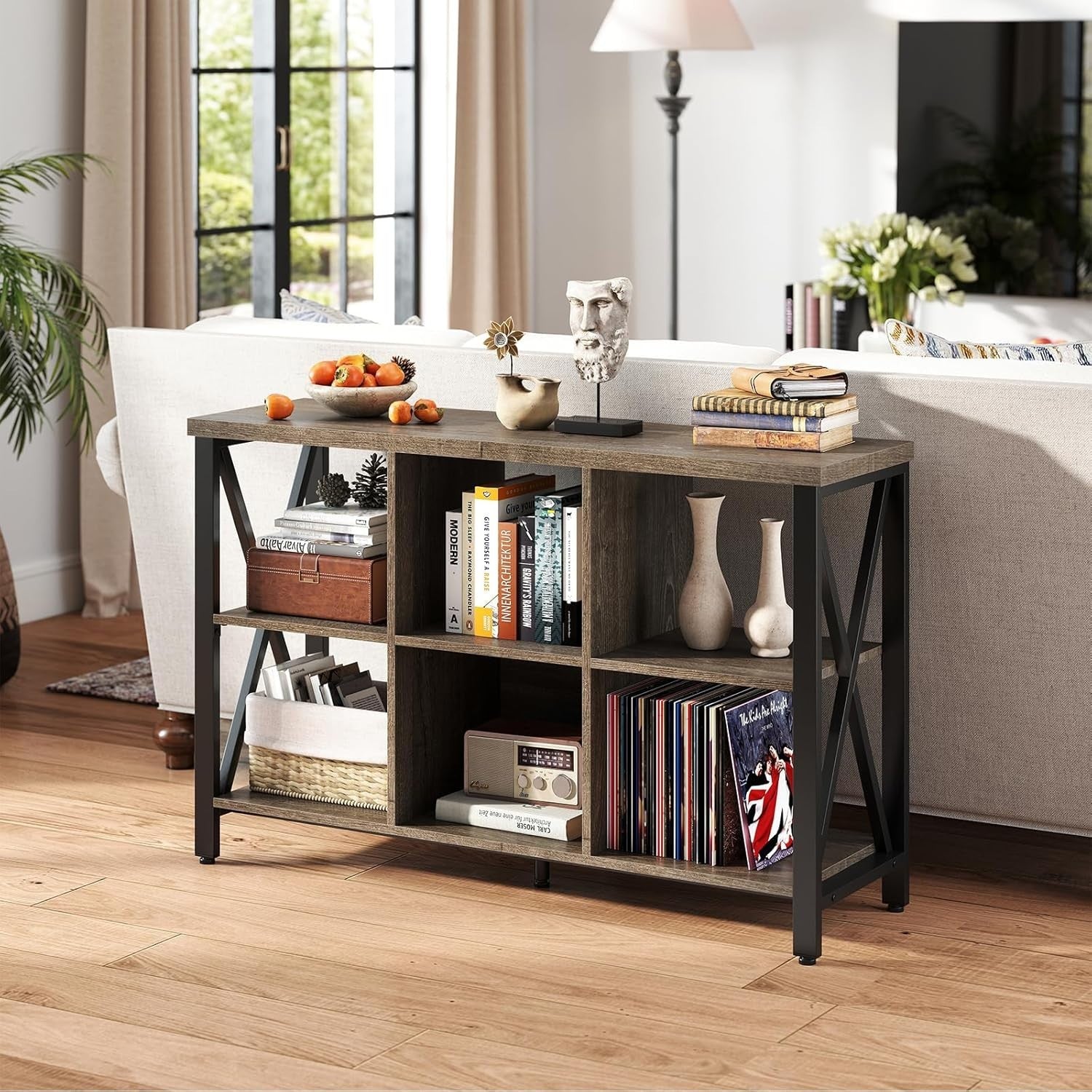 6-Cube Grey Storage Bookcase Industrial Metal Frame Durable 120x35x76cm