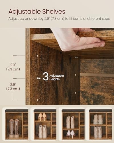 Rustic Brown Hallway Bench with 8 Compartments & Padded Seat