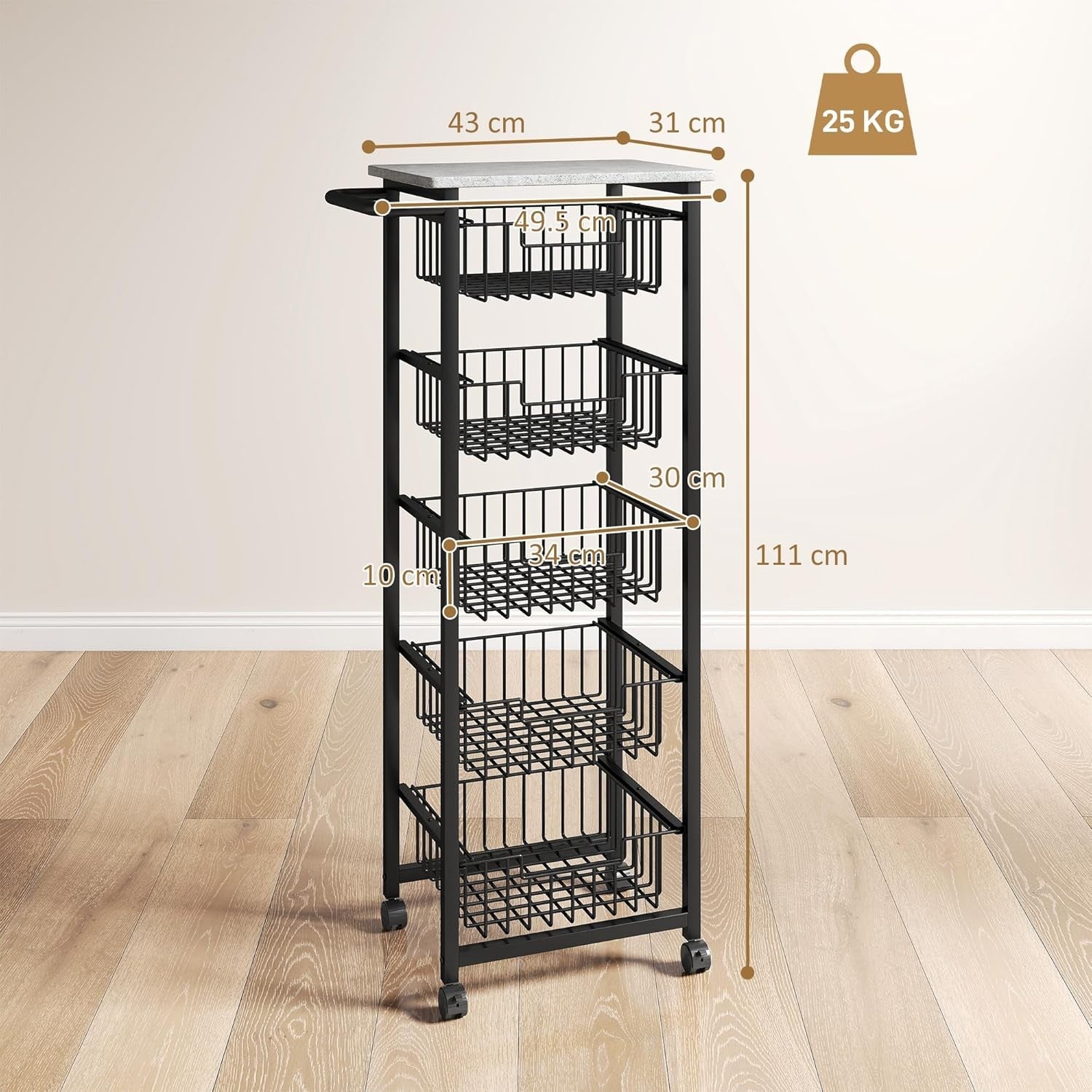 5 Tier Kitchen Storage Trolley with Pull Out Baskets Rolling Utility Cart