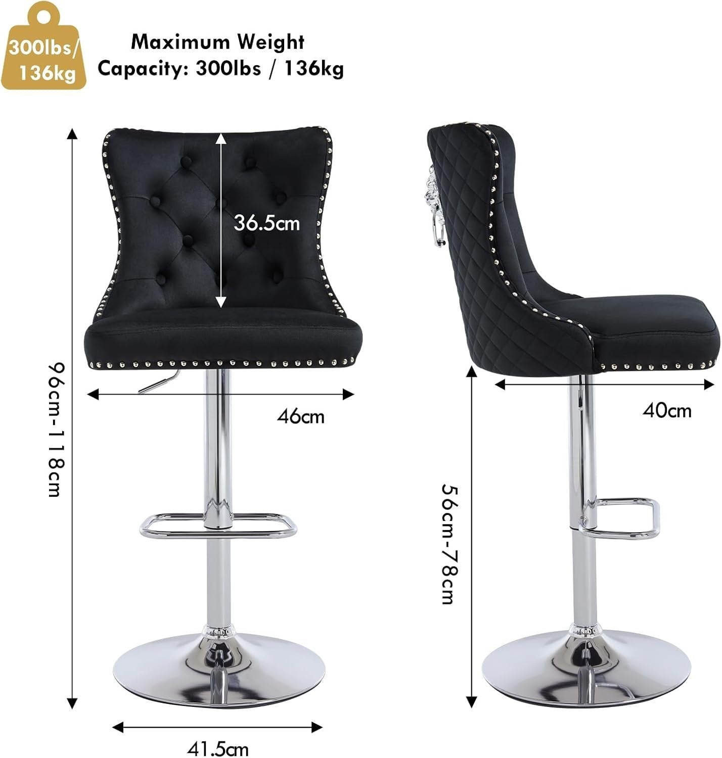 Velvet Bar Stools Set of 2 Black Chrome Legs Adjustable Swivel Chairs