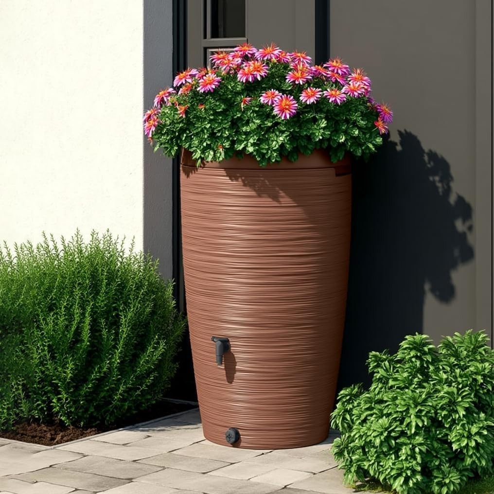 240L Terracotta Rainwater Tank with Planter Top Tap Connector Kit Garden Barrel
