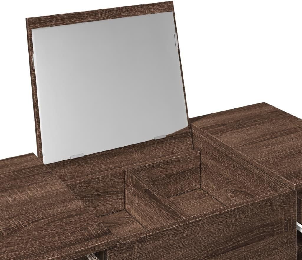 Brown Oak Dressing Table Vanity Desk with Mirror Makeup Storage Engineered Wood