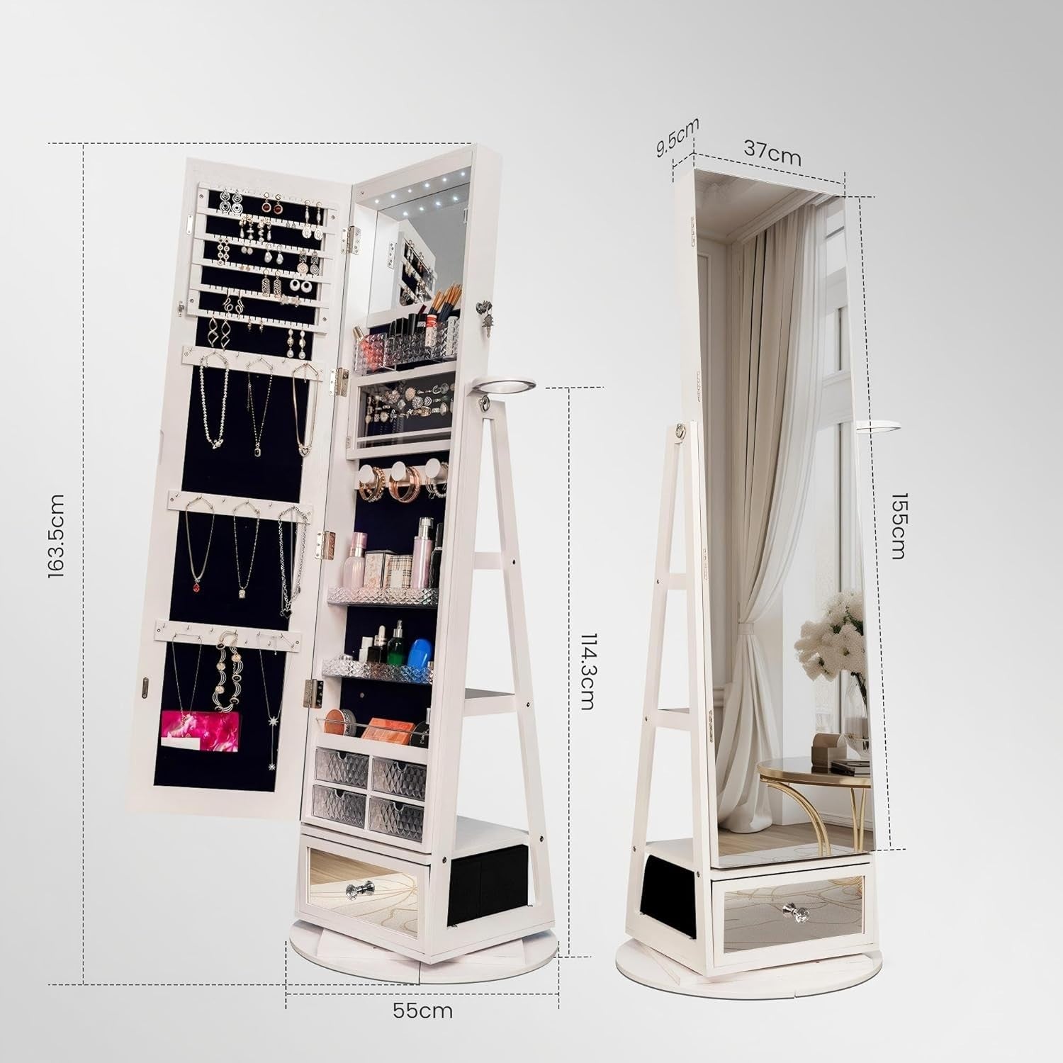 Lockable Full Length Mirror Jewellery Cabinet LED Storage 360° Rotating