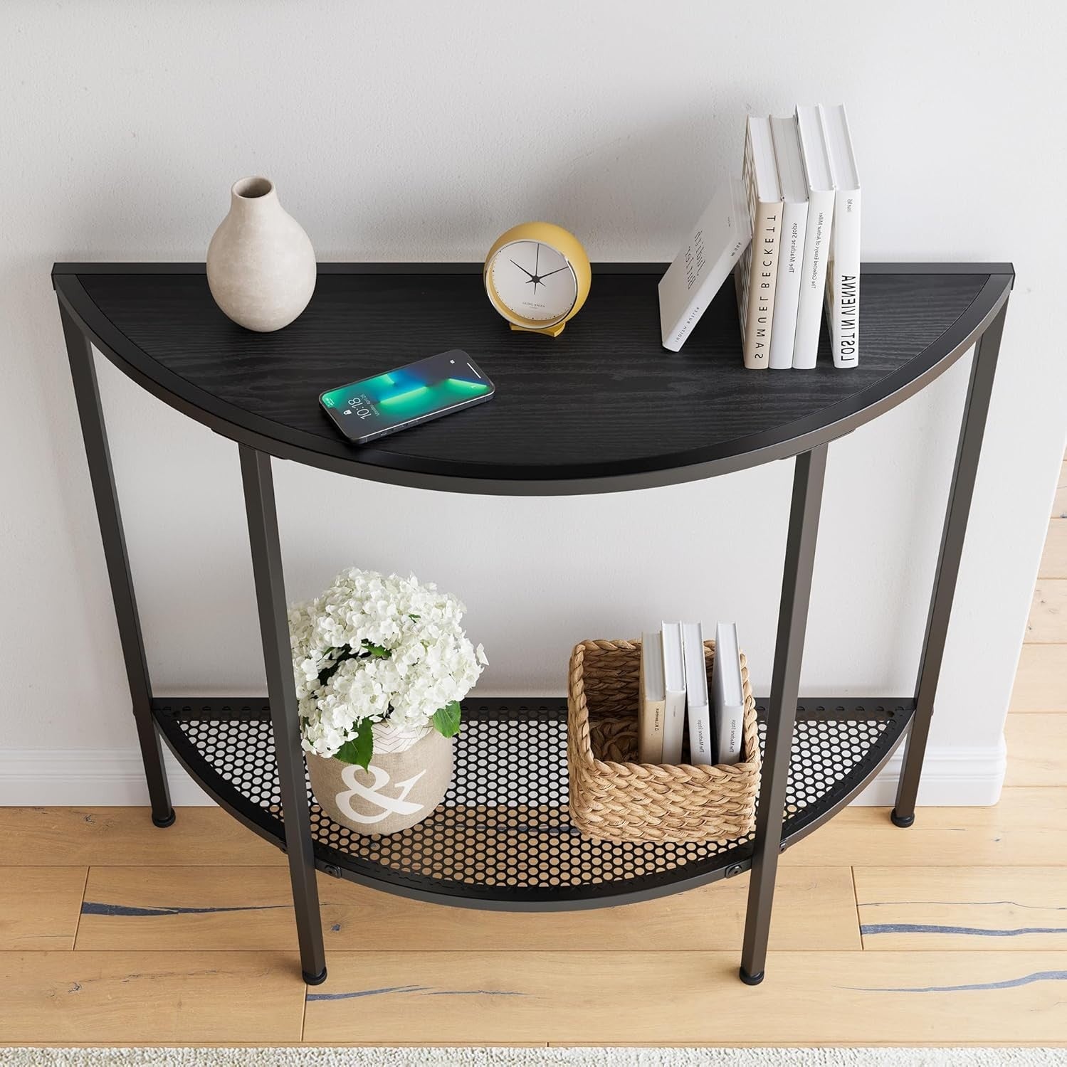 Space-Saving 2-Tier Narrow Entryway Console Table with Metal Semi-Circle Design