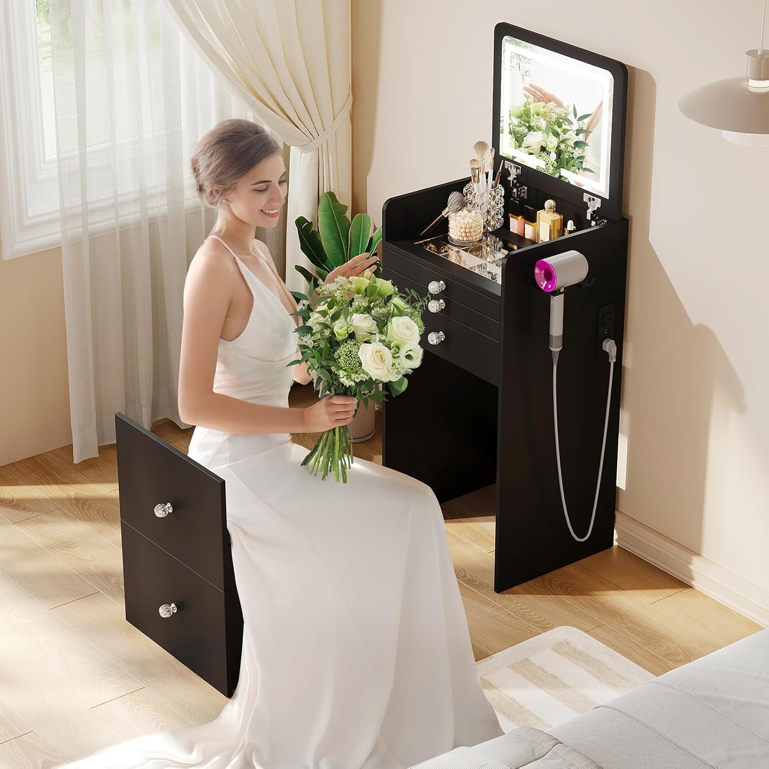Vanity Makeup Desk w/LED Mirror USB Charging Station Small Spaces