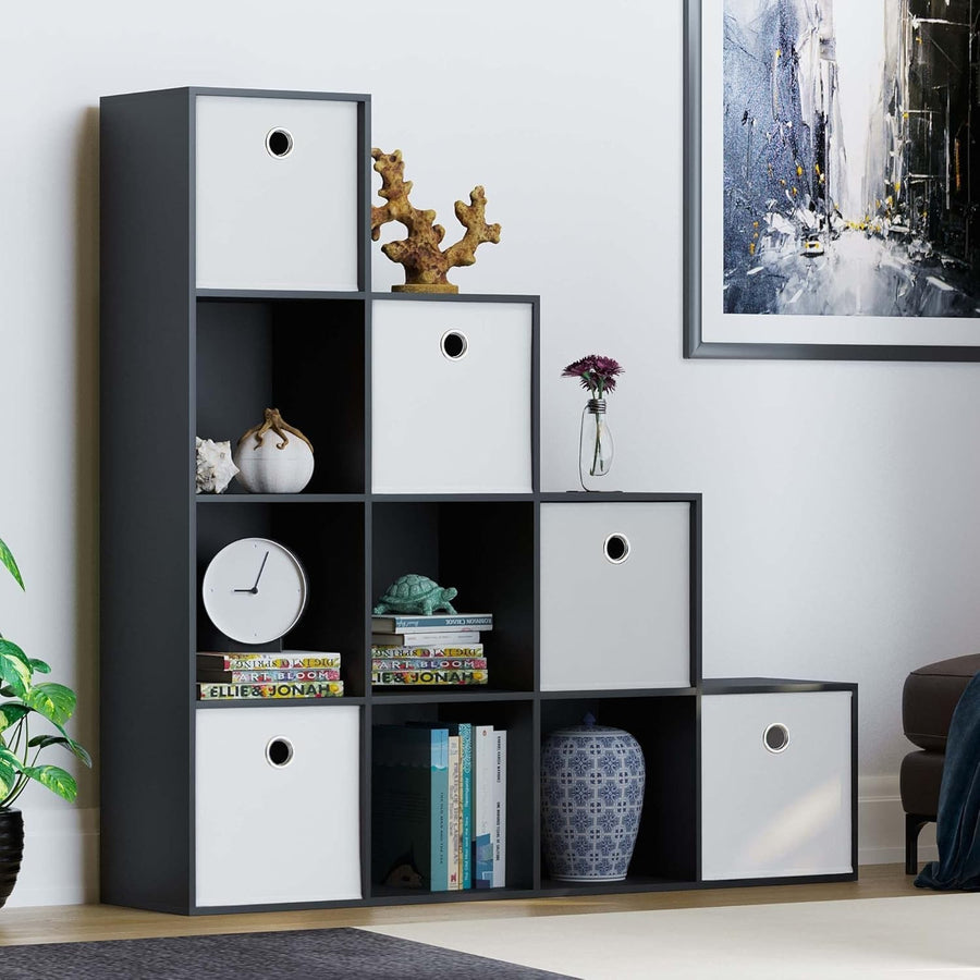 Black 10 Cube Staircase Bookcase with 5 White Storage Baskets Modern Unit