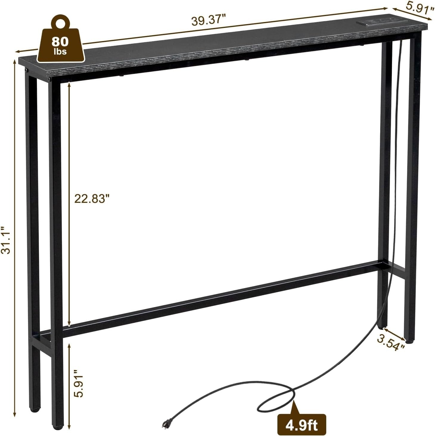 Slim Console Table with Power Outlets & USB, 15x100x79cm, Space-Saving