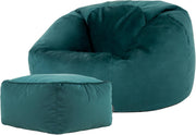 Velvet Bean Bag Chair with Footstool Adult Lounge Seat Teal Green