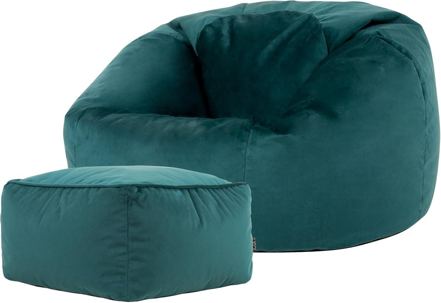 Velvet Bean Bag Chair with Footstool Adult Lounge Seat Teal Green