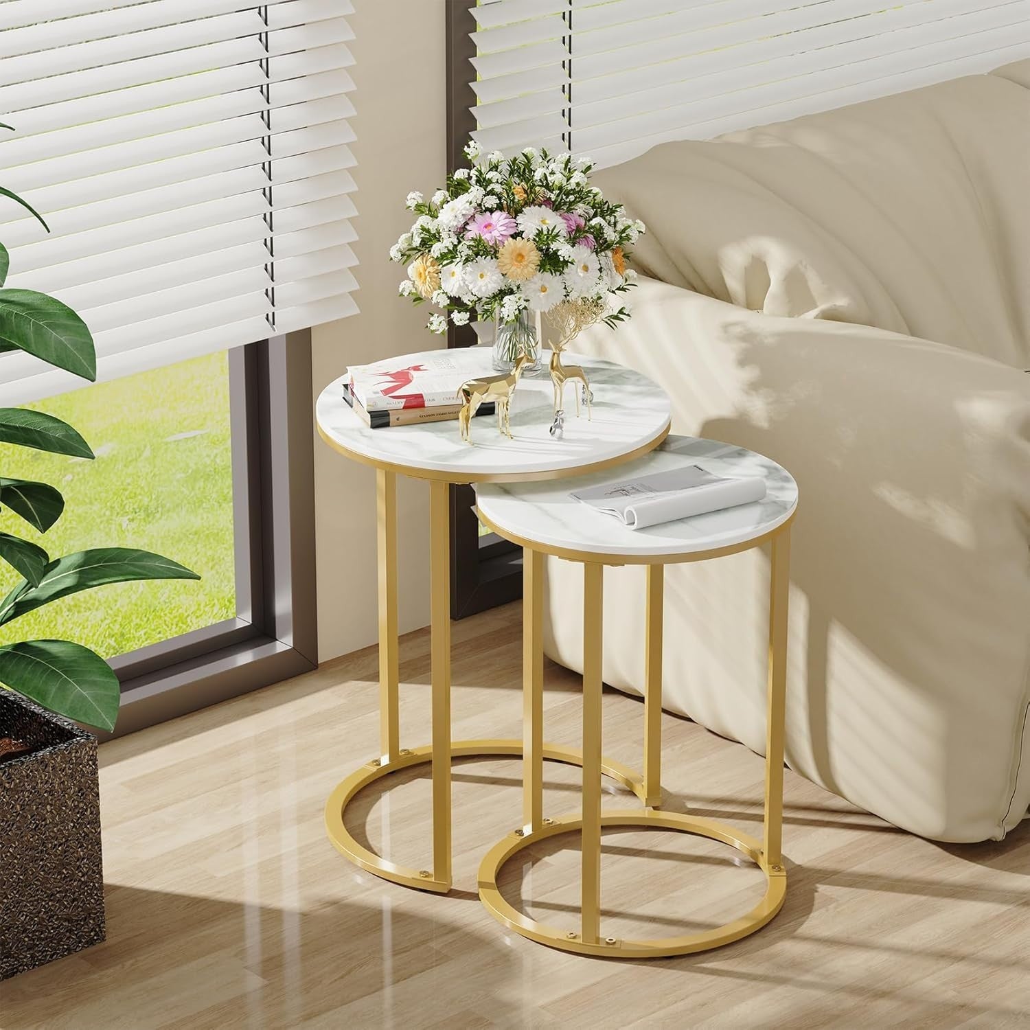 Round Gold Side End Table Marble Top Living Room Sofa Bedside C-Shape Nesting