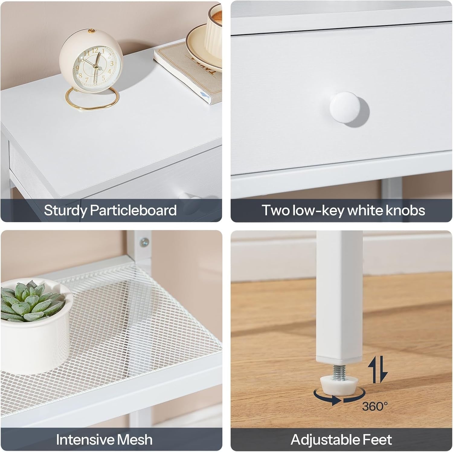 Slim White Console Table with 2 Drawers & Mesh Shelves – Space-Saving Storage