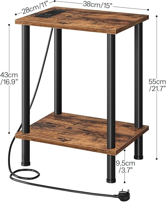 Narrow Bedside Table with Charging Station & Shelves, Rustic Small Side Table