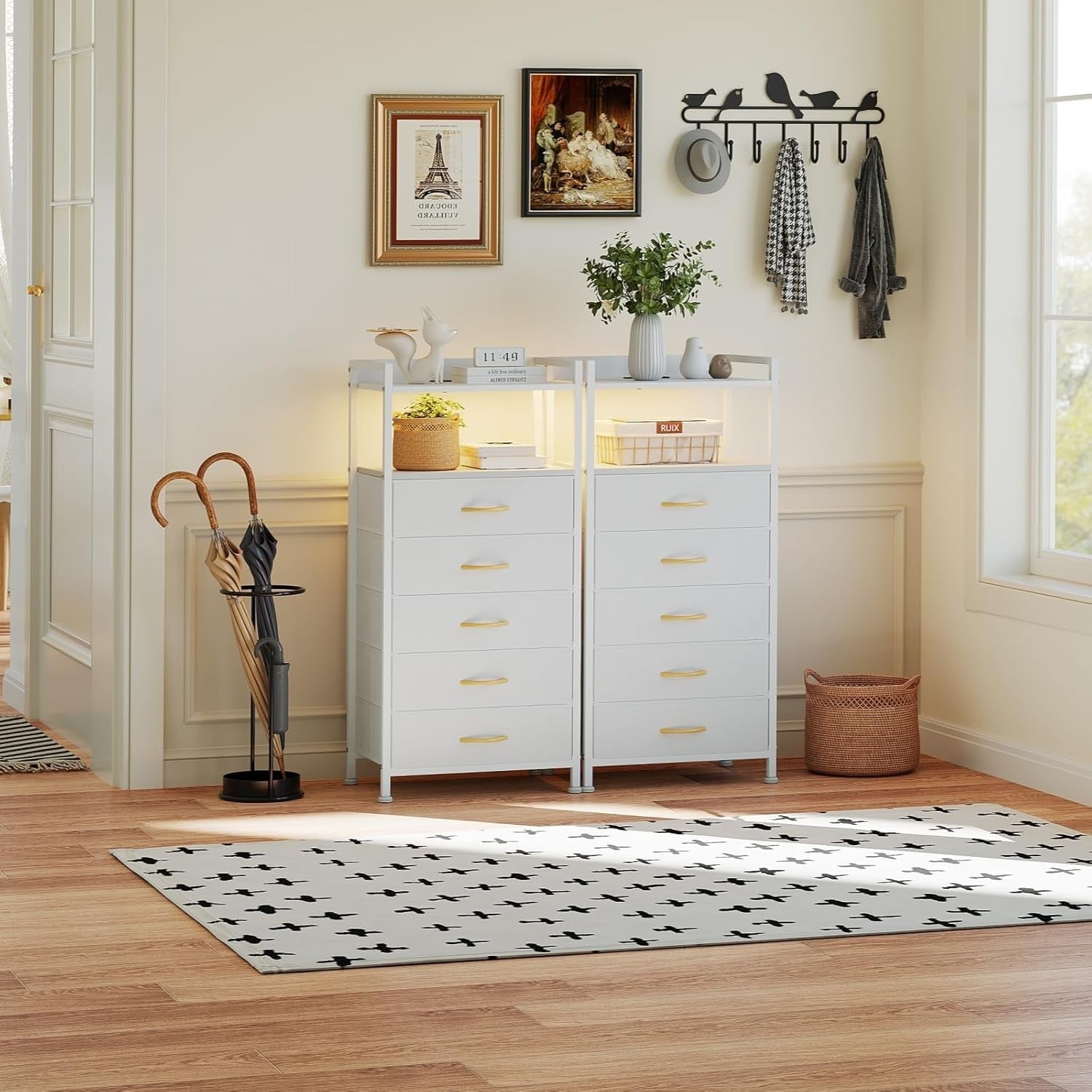 5 Drawer Dresser with LED Lights & Charging Station – Modern White Storage Unit