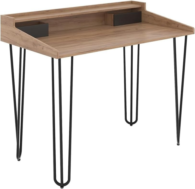 Oak & Black Office Desk with Drawers, 110 x 60 cm Modern Study Table